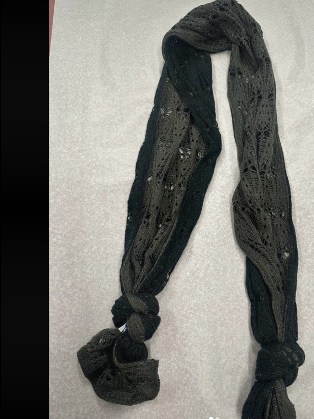 Knit Lace Scarf with Knotted Ends Black and gray shimmer